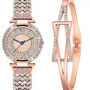 Elegante set orologio e bracciale da donna in oro rosa con diamanti scintillanti su sfondo bianco