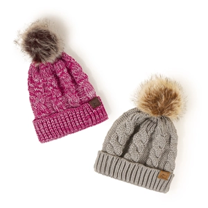 Winter cable knit beanie with faux fur pompom in pink and grey for cold protection