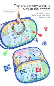 Detail of dinosaur-themed 3-in-1 target toss game with colorful rings and sandbags