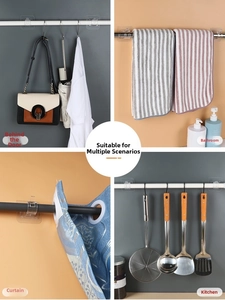 Adhesive curtain rod holders used for bags, towels and kitchen utensils in four scenarios