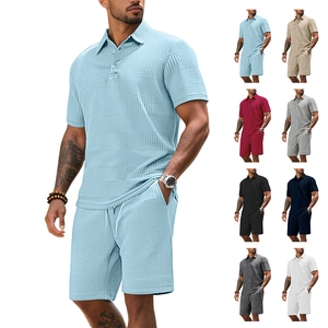 Men Polo Shirt And Shorts Waffle Knit Texture Summer Casual Solid Color Lapel Short Sleeve Drawstring Short Bottoms