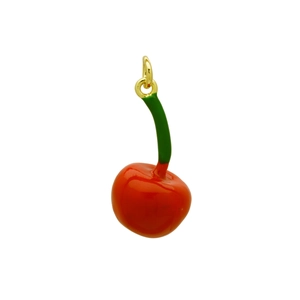 Detailed close-up of a vibrant red cherry pendant with green stem and golden ring loop