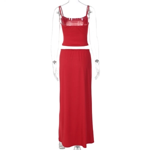 Rear view of red two-piece set featuring a cropped camisole and long bodycon skirt