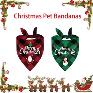Christmas plaid pet bandanas featuring red and green tartans with Santa and Snowman prints