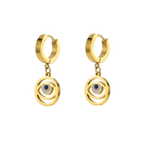 Golden titanium steel hoop earrings featuring blue evil eye charms on white background