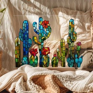 Detail of colorful acrylic cactus mosaic decor with wooden base on soft textile background