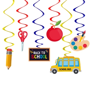 6-piece colorful back to school hanging swirls with cartoon school bus and pencil charms