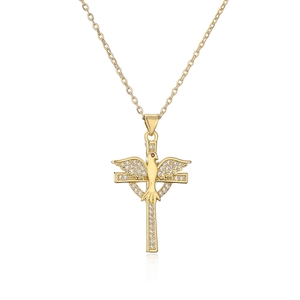 Collier croix plaqué or 18K avec pendentif colombe en zircon et cadre de cœur