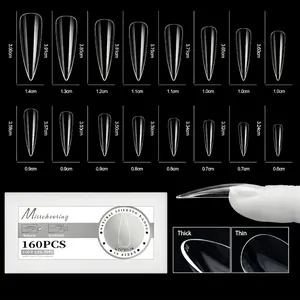 Size chart for 16 sizes of extra long stiletto matte nails with thickness details