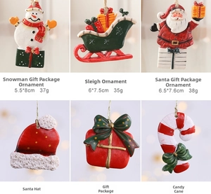 Set of six festive resin Christmas ornaments including Santa and Snowman with dimensions