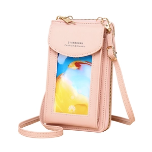 Pink PU leather crossbody phone bag with a transparent touch screen window for women