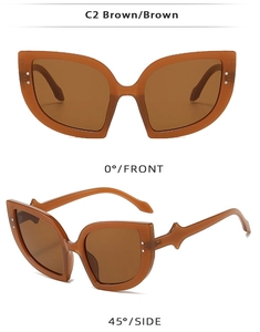 Front and 45-degree side views of brown cat-eye sunglasses with metal rivets