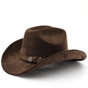 Classic dark brown western cowboy hat in wool felt with leather band and vintage metal badge