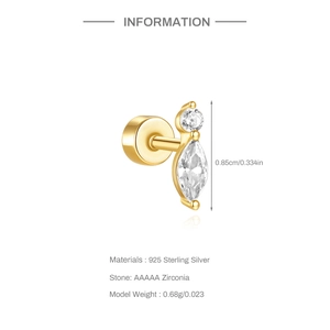 Detail view of gold S925 sterling silver geometric stud earring with 0.85cm dimension