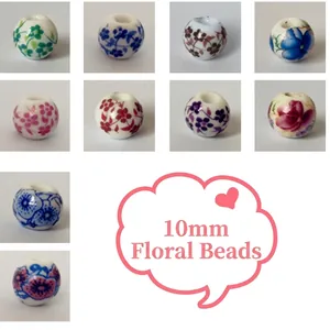 Various 10mm floral ceramic beads with blue and white porcelain patterns for DIY jewelry