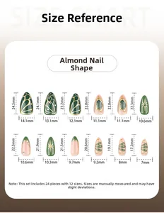 Size chart for 3D almond press-on nails showing dimensions for 12 different sizes