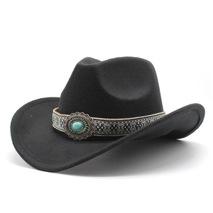 Western Cowboy Hat Woolen Felt Wide Brim Ethnic Band Turquoise Bead Retro Fedora Jazz Cap For Men Women Bohemian