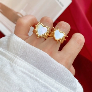 Vintage Heart Open Ring Copper 18K Gold Plated Mother Of Artificial Pearl Shell Adjustable Retro French Style For Women