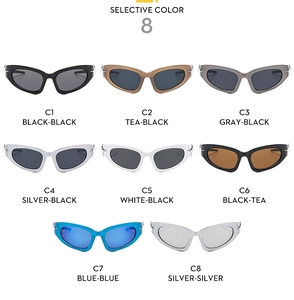 Matrix layout of UV400 outdoor sunglasses in eight trendy colors and tech-style frames