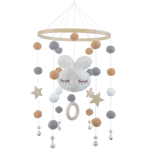 Baby Crib Mobile Plush Rabbit Head Felt Ball Wooden Star Wind Chime Nursery Hanging Decor For Infant Room