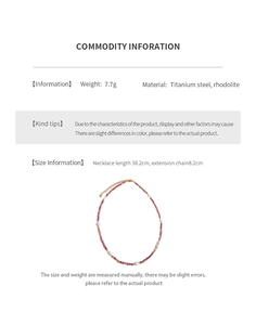 Detail of garnet beaded necklace with freshwater pearls and titanium steel chain specifications