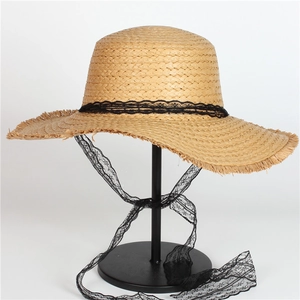 Women Straw Sun Hat With Wide Brim Frayed Edge Lace Ribbon Bow Elegant Foldable Beach Summer Vacation Travel Breathable