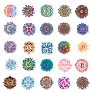 Grid display of 25 unique mandala stickers with colorful geometric floral patterns