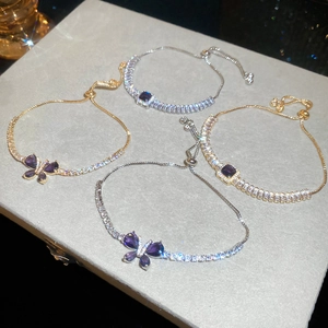 Bracelets réglables avec papillons en zircon violet et pierres de taille carrée
