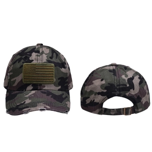 Distressed camouflage baseball cap featuring a flag patch with front and back views