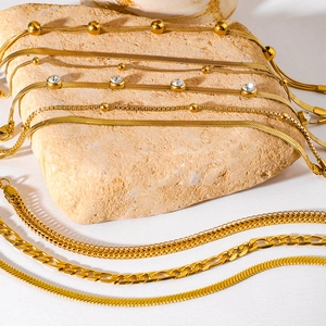 Women Stainless Steel Bracelet 18K Gold Plated Layered Snake Chain Beaded Cubic Zirconia Inlaid Adjustable Elegant