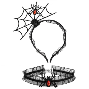 Detail view of black spider web headband and lace choker set with red rhinestones