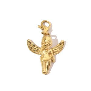 Detailed close-up of a golden angel pendant with a functional lobster clasp closure