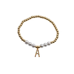 Alphabet Pendant Copper Bead Bracelet White Imitation Artificial Pearl Rainbow Zircon Handmade Elastic Fashion Jewelry For Women