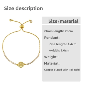 Size specifications of 18K gold plated smiley face bracelet with cubic zirconia