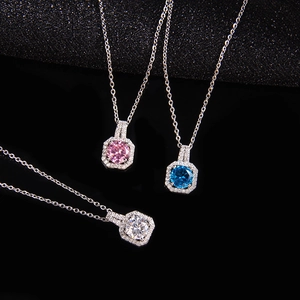 Elegant halo pendant necklaces with octagonal zircons in pink, blue, and clear white
