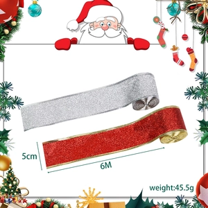 2M Christmas glitter ribbon 5cm wide for festive tree decoration in red and silver