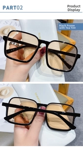 Detail of square black frame sunglasses with tea lenses and white leather case