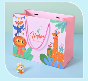 Pink cartoon animal paper gift bag with Happy Times text and pink rope handles