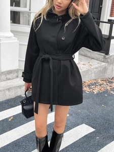 Women's black mid-length belted cardigan sweater coat with single-breasted buttons