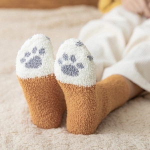 Cute caramel cat paw coral fleece socks for winter, thick warm plush socks for women