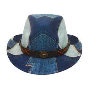Close-up of brown leather band with metal bull badge on denim patchwork jazz hat