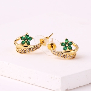 Elegant gold-plated geometric flower earrings with green plum petals and zircon stones