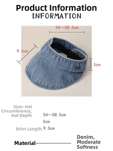 Detail view of denim sun visor showing adjustable size 54-58.5cm and material specs