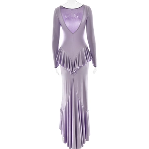 Detail view of the deep V-back design and ruffle hem on this purple long sleeve fishtail dress