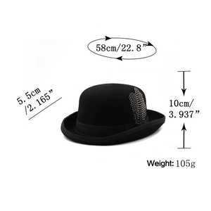 Elegant 100% wool dome hat with ribbon and feather detailing, sized 58cm circumference