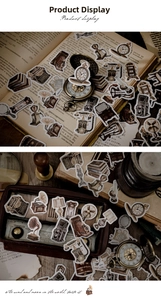 Detail of vintage stationery stickers featuring retro cameras and antique typewriters
