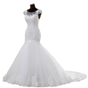 Elegant white lace mermaid wedding dress with floral embroidery and long trailing tail