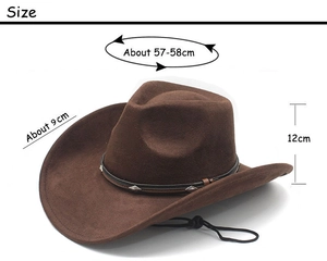 Détails du chapeau de cowboy marron montrant 58cm de tour et 9cm de bord