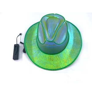 Detail of holographic cowboy hat with green LED trim and external battery controller