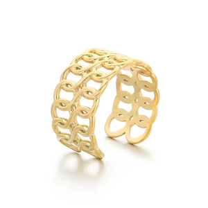 Adjustable golden hollow geometric textured stainless steel ring with minimalist open design